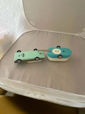 Candylab Woodie Redux Teal Station Wagon with Teardrop Camper Caravan Set